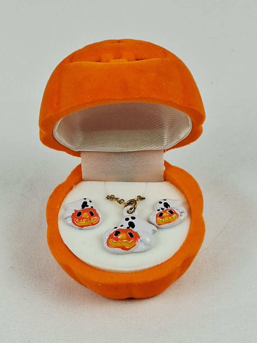 VTG Halloween Ghost & Jack-O-Lantern Novelty Girls Necklace & Earring Set